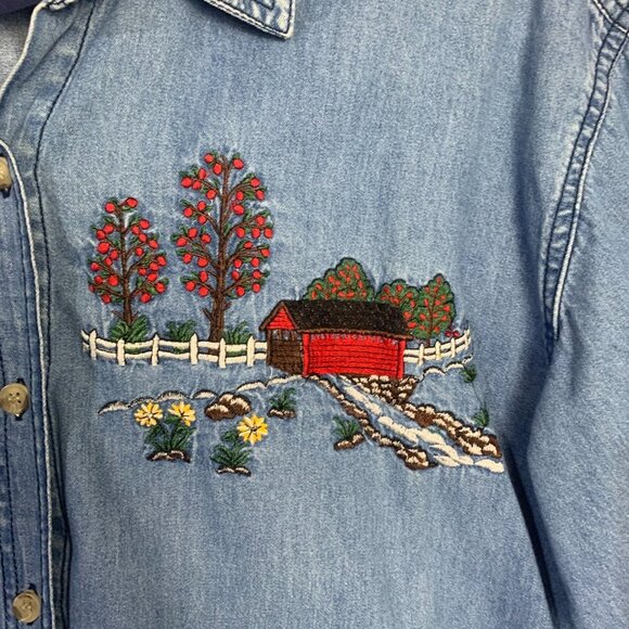 Vintage 90s Embroidered Denim Button Down Cottagecore Shirt - Picture 5 of 16